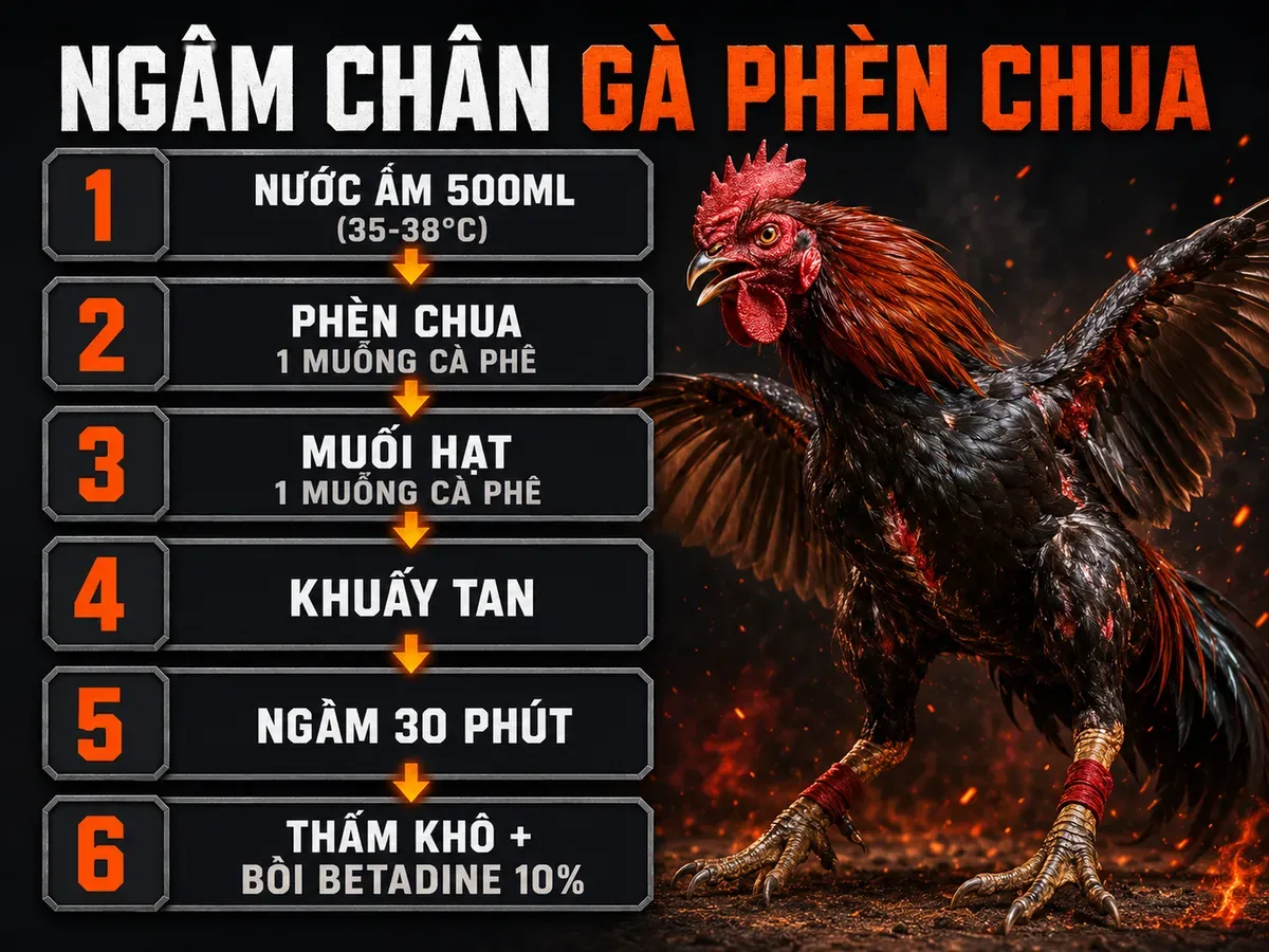 Quy trình ngâm chân gà bằng phèn chua và muối cho lậu đế, minh họa các bước từng lớp rõ ràng