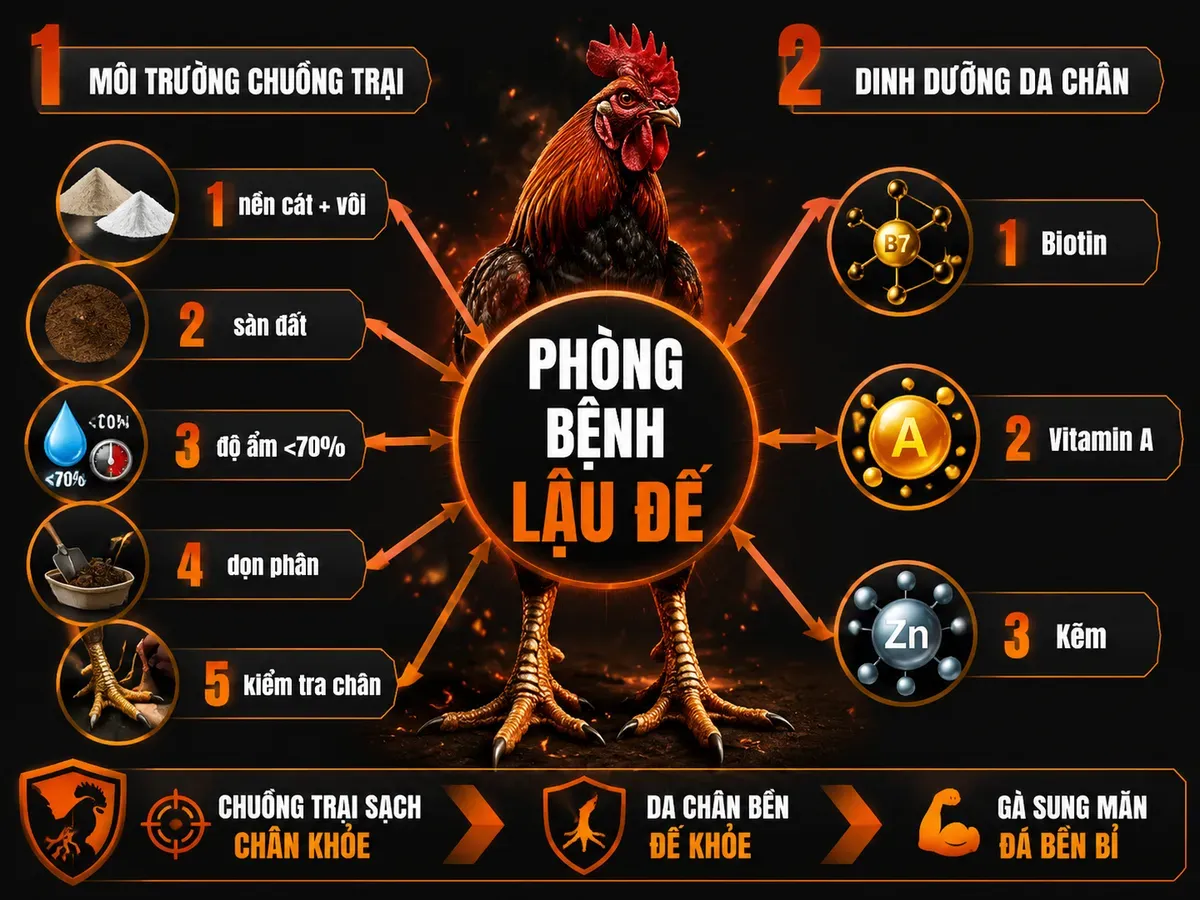 Checklist phòng bệnh lậu đế cho gà chiến, hướng dẫn cải tạo nền chuồng và dinh dưỡng da chân tại Nghĩa Gò Công