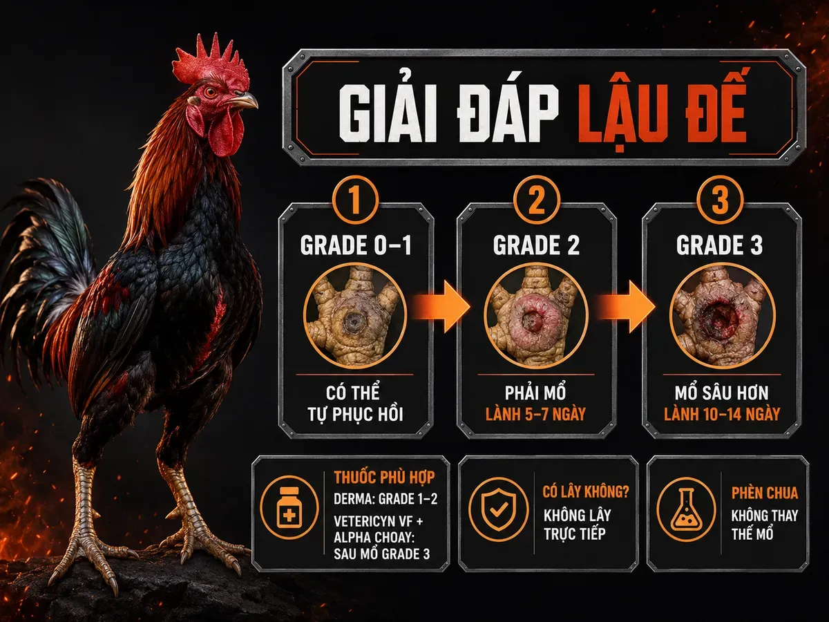 Infographic FAQ lậu đế gà đá: khi nào tự khỏi, khi nào phải mổ, thời gian lành và thuốc phù hợp