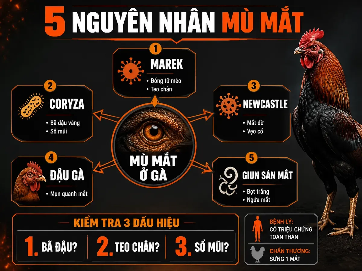Infographic 5 nguyên nhân phổ biến khiến gà bị mù mắt gồm Marek, Coryza, Newcastle, đậu gà và giun sán mắt