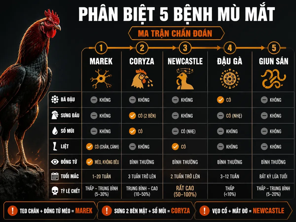 Infographic ma trận chẩn đoán phân biệt Marek Coryza Newcastle Đậu gà và Giun sán qua triệu chứng mắt ở gà đá
