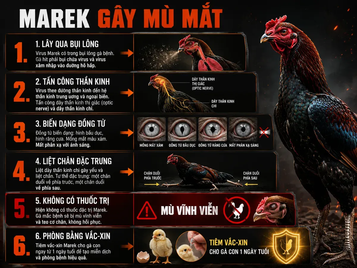 Infographic bệnh Marek ở gà gây mù mắt và teo chân, cơ chế lây nhiễm, dấu hiệu nhận biết và phòng ngừa bằng vắc-xin.