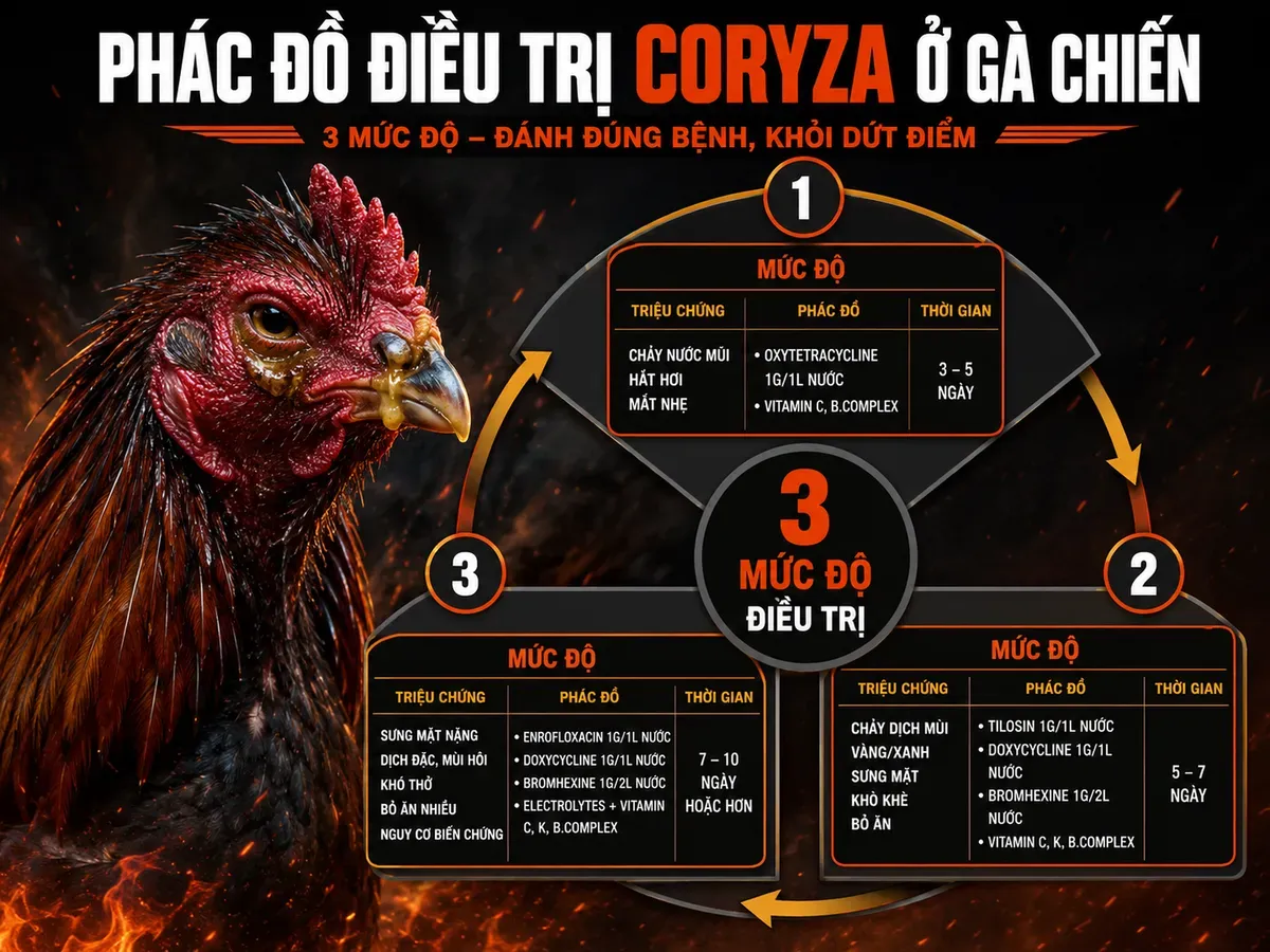 Minh hoạ phác đồ điều trị bệnh Coryza cho gà chiến, sưng phù đầu, bã đậu vàng, biểu đồ vòng tròn 3 mức độ, style dark combat gà đá