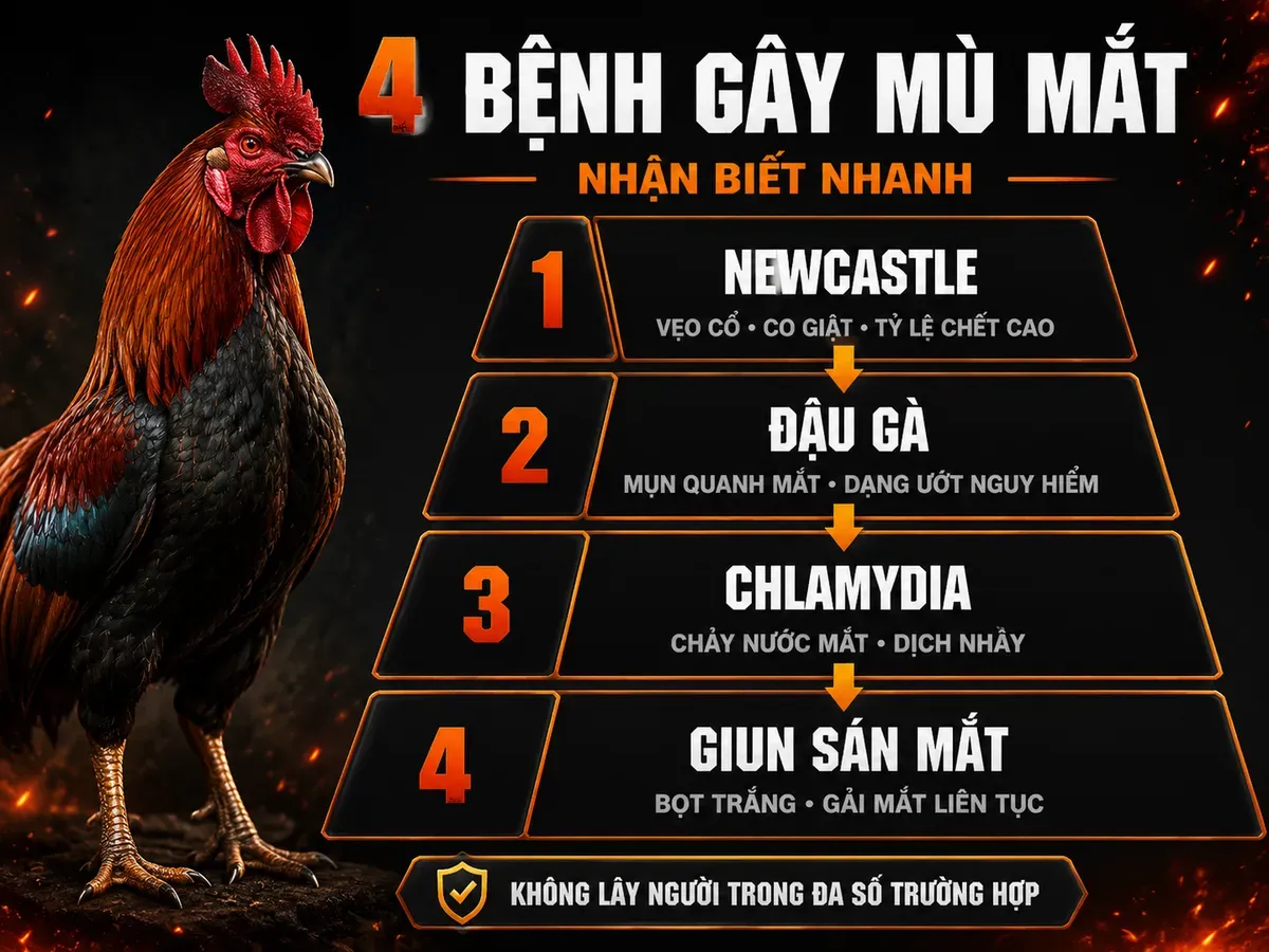 So sánh Newcastle, Đậu gà, Chlamydia và Giun sán mắt gây ảnh hưởng thị lực ở gà