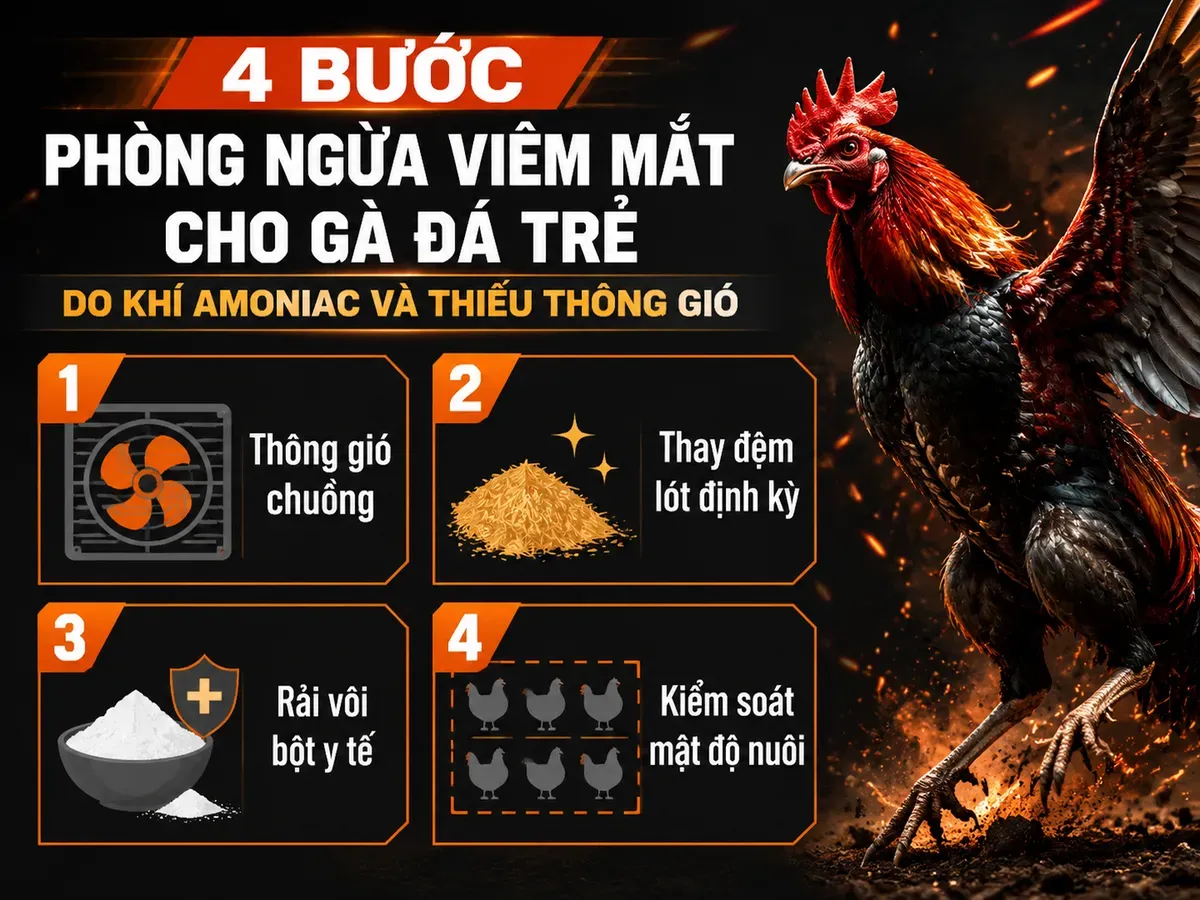 Infographic 4 bước phòng ngừa viêm mắt gà tơ do môi trường chuồng trại, với các biểu tượng trực quan, gà chiến oai vệ và nền tối ember