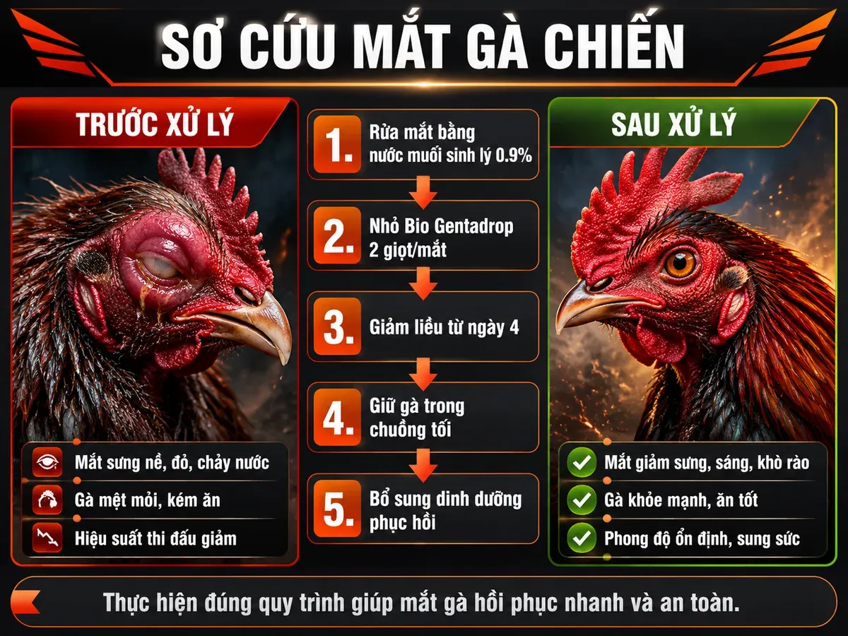 Hình minh họa infographic sơ cứu mắt gà chiến sau thi đấu, 5 bước, so sánh trước-sau, phong cách thực chiến, nền tối