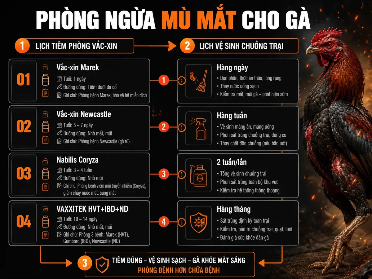 Infographic hướng dẫn phòng bệnh mù mắt ở gà chiến, gồm lịch tiêm vắc-xin và vệ sinh chuồng