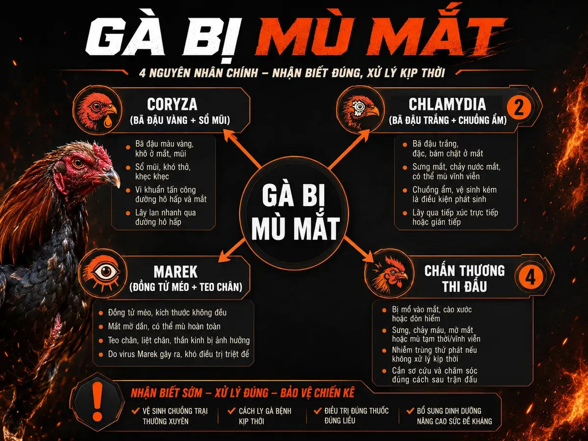 So sánh nguyên nhân và dấu hiệu gà bị mù mắt, nhận biết và sơ đồ điều trị
