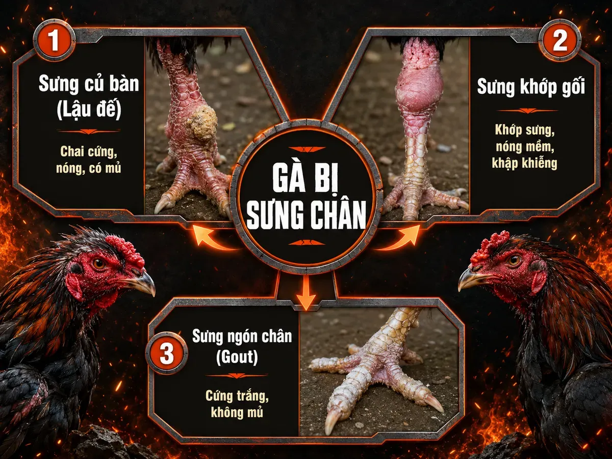 So sánh ba loại sưng chân gà chiến: lậu đế, viêm khớp, gout, kèm nhãn giải thích triệu chứng