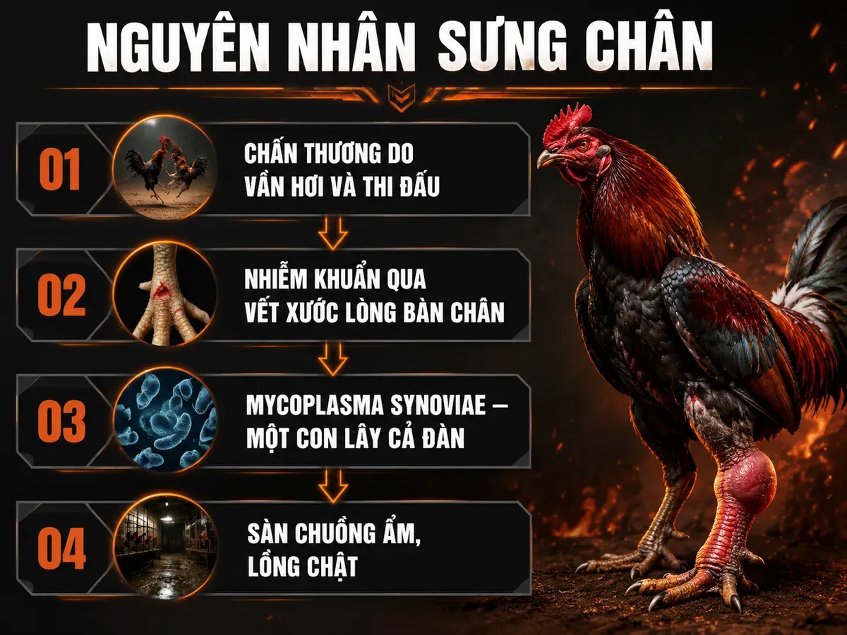 Nguyên nhân gà chiến sưng chân: chấn thương, nhiễm khuẩn, Mycoplasma, sàn ẩm