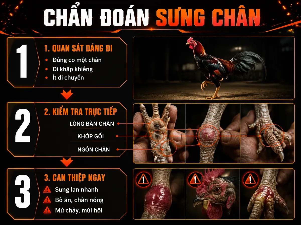Infographic chẩn đoán gà bị sưng chân tại nhà: quan sát dáng đi, kiểm tra lòng bàn chân, khớp gối, ngón chân và các dấu hiệu nguy hiểm cần xử lý ngay.