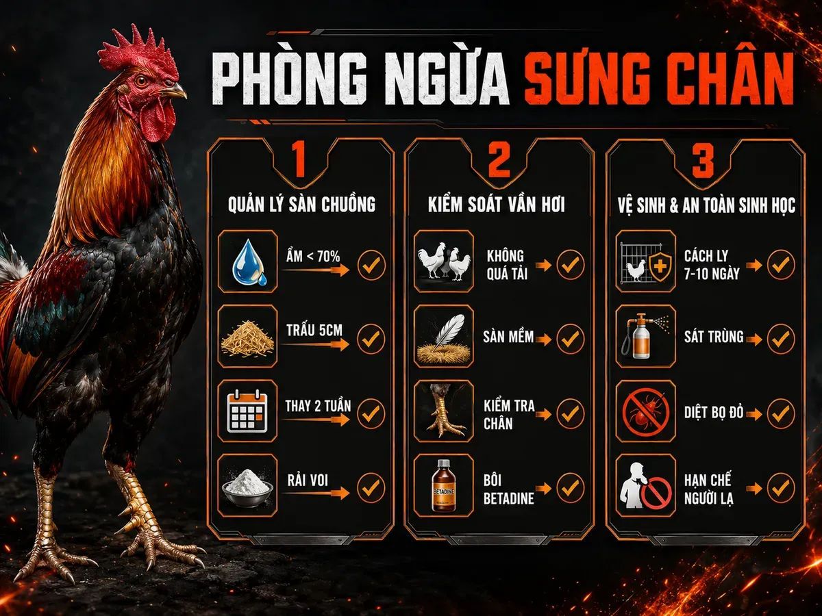 Infographic phòng ngừa gà bị sưng chân bằng quản lý sàn chuồng, tập luyện đúng cách và vệ sinh an toàn sinh học