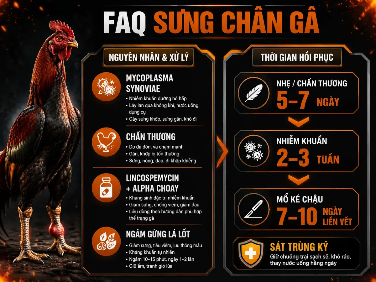 Infographic câu hỏi thường gặp về gà bị sưng chân: nguyên nhân, cách xử lý và thời gian hồi phục