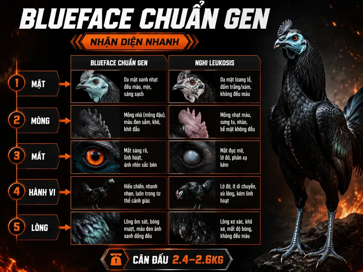 So sánh gà Blueface chuẩn gen và dấu hiệu nghi bệnh Leukosis qua mặt, mồng, mắt, hành vi và lông.