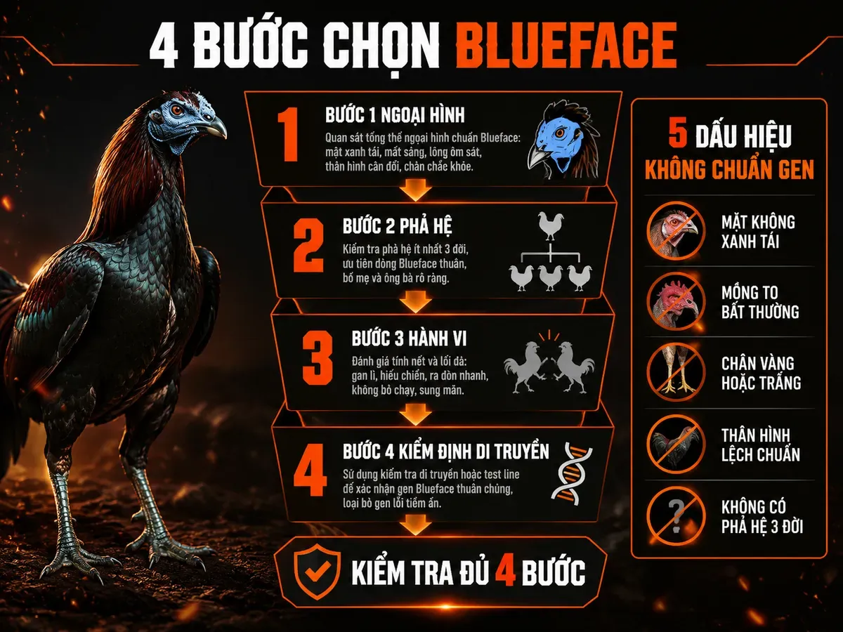 Infographic 4 bước chọn gà Blueface Hatch chuẩn gen và 5 dấu hiệu nhận biết gà pha tạp
