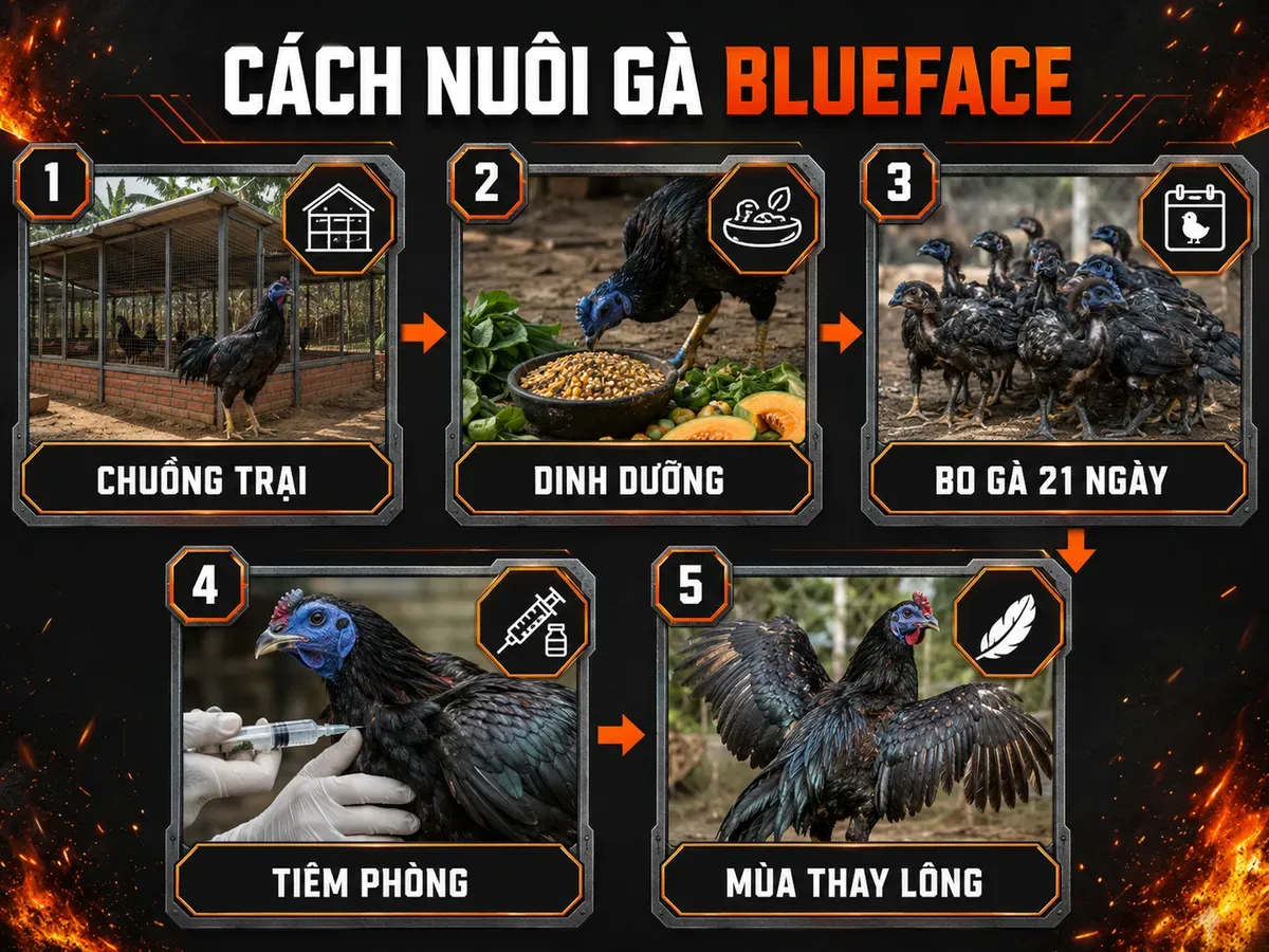 Hướng dẫn trực quan cách nuôi gà Blueface Hatch tại Việt Nam, từng bước từ chuồng trại, dinh dưỡng, bo gà, tiêm phòng và mùa thay lông