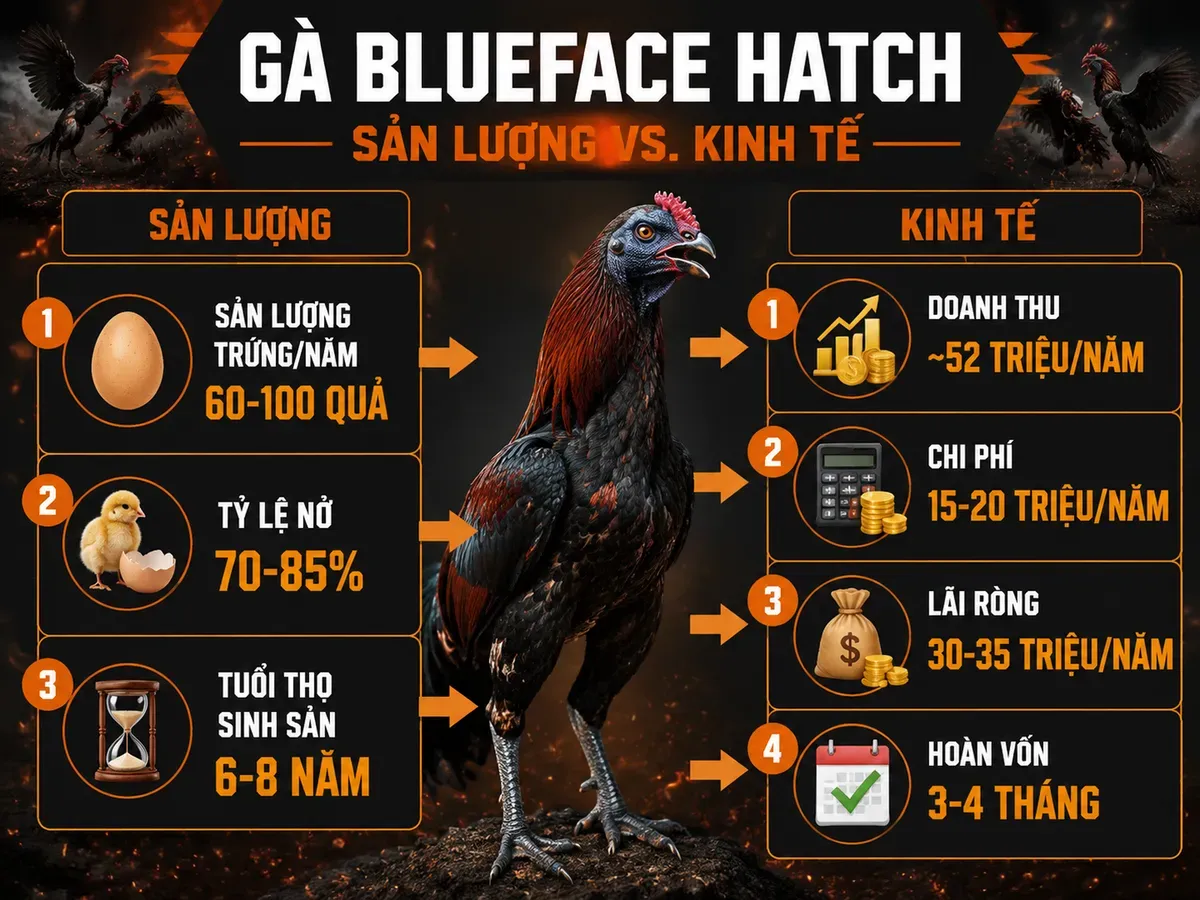 So sánh sản lượng trứng và bài toán kinh tế gà Blueface Hatch, bao gồm doanh thu, chi phí, lãi ròng và thời gian hoàn vốn