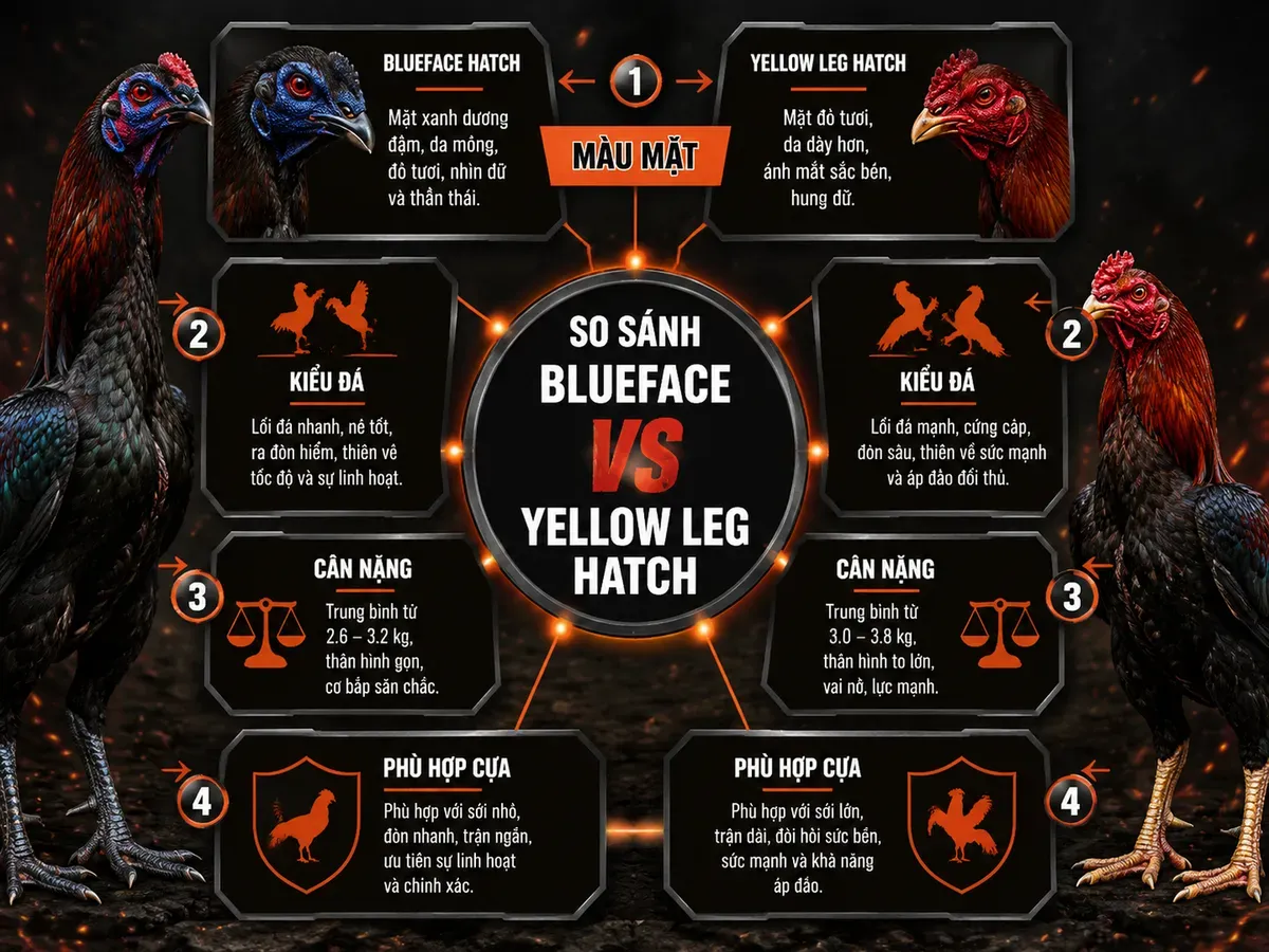 So sánh gà Blueface Hatch mặt xanh tái với Yellow Leg Hatch chân vàng, kiểu đá, cân nặng, phù hợp cựa