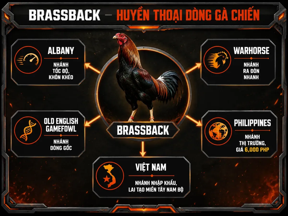 Sơ đồ lịch sử và nguồn gốc gà Brassback với nhánh từ Albany và Warhorse, biểu đồ quốc tế, hình gà chiến oai vệ