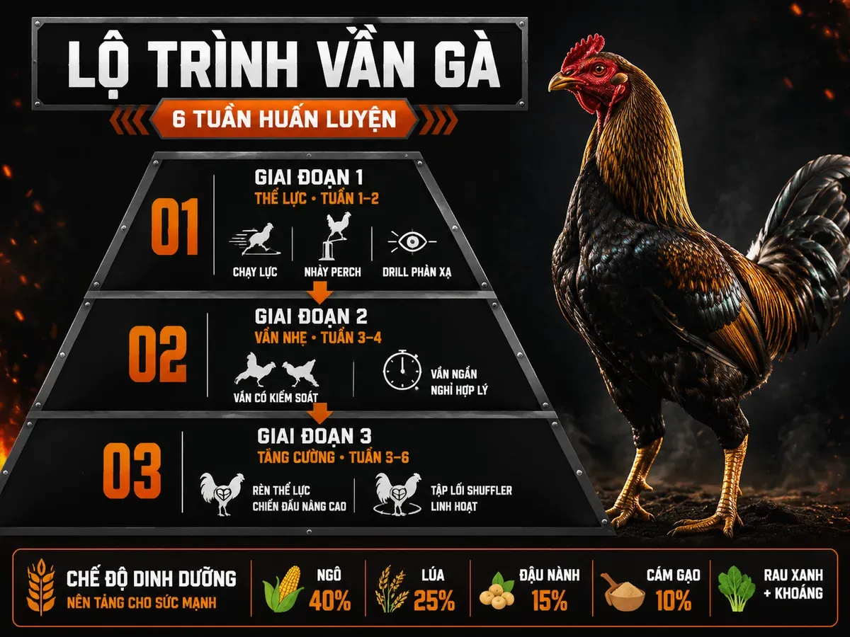 Infographic lịch vần gà Brassback 3 giai đoạn trong 6 tuần và dinh dưỡng thích ứng khí hậu nóng ẩm miền Tây