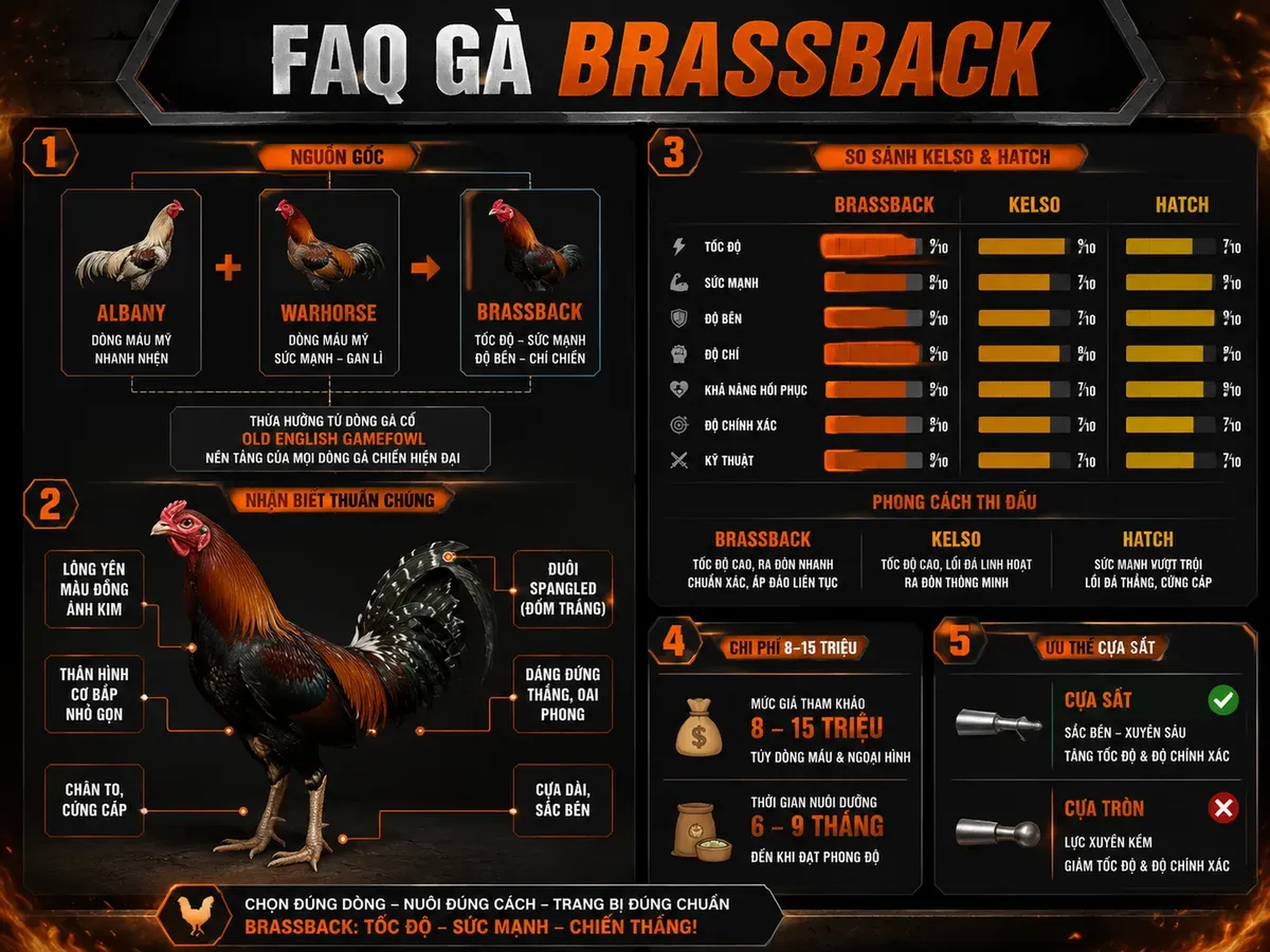 Infographic FAQ gà Brassback: nguồn gốc, so sánh Kelso Hatch, nhận biết thuần chủng và chi phí nuôi