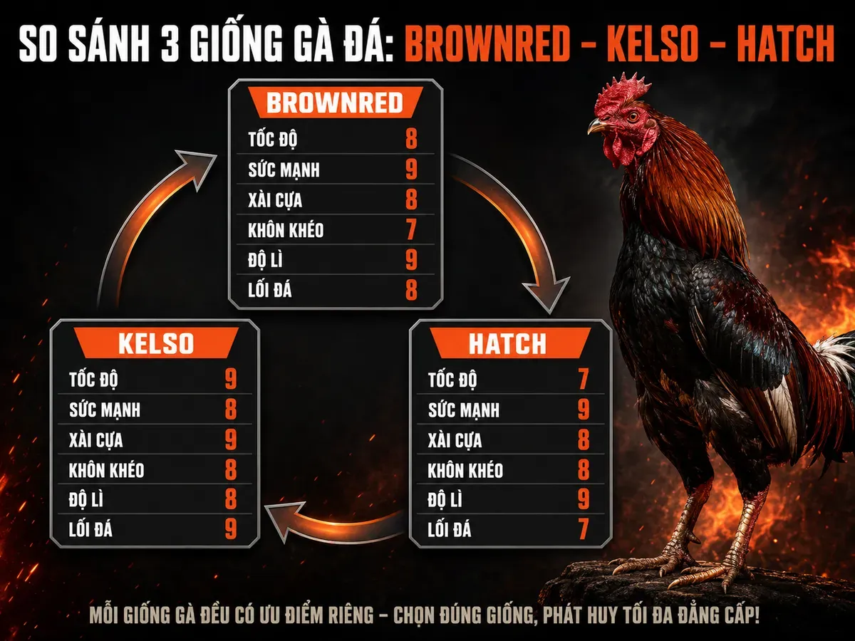 <vi SEO>Diagram so sánh 3 dòng gà chiến Brownred, Kelso, Hatch với chỉ số tốc độ, sức mạnh, xài cựa, khôn khéo, độ lì, lối đá</vi>