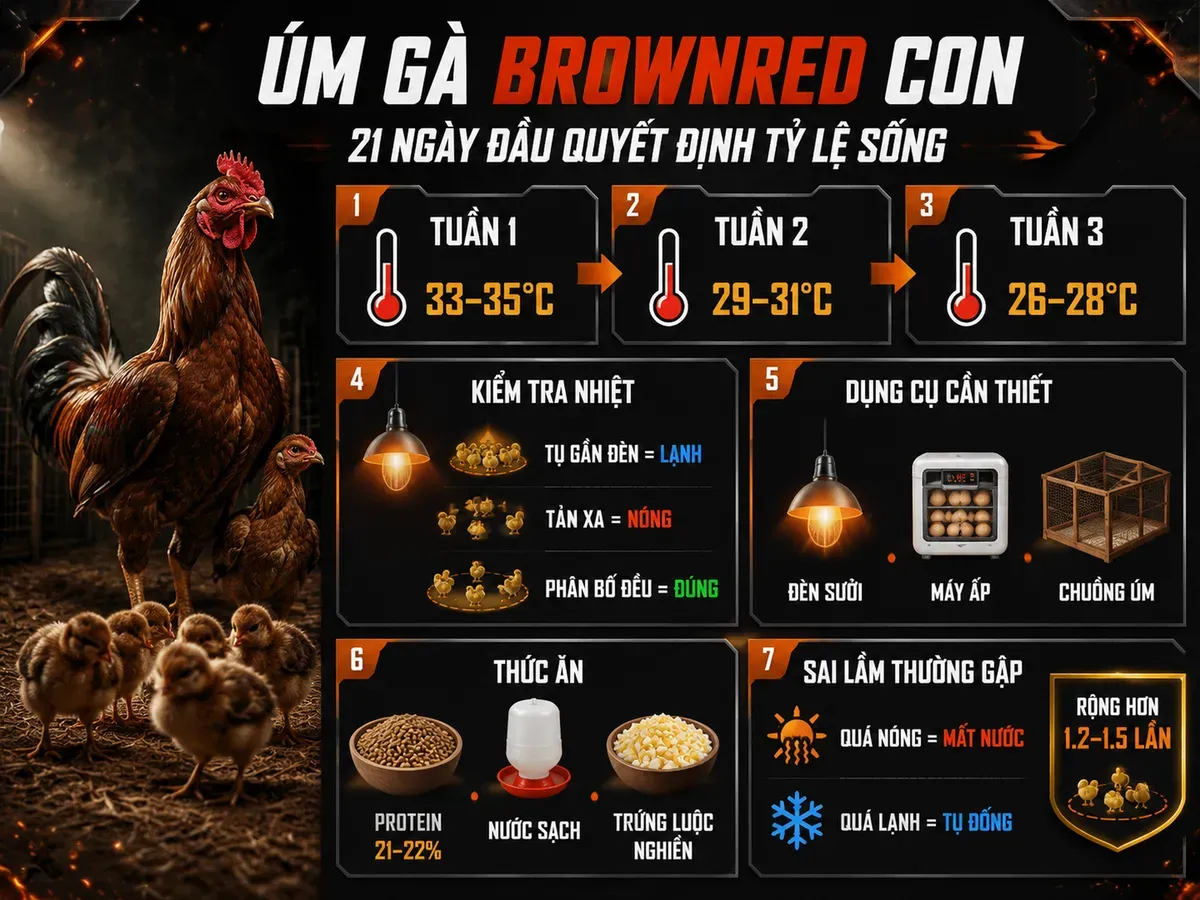 Infographic quy trình úm gà Brownred con 21 ngày đầu với nhiệt độ úm theo tuần, thức ăn, dụng cụ và lỗi thường gặp