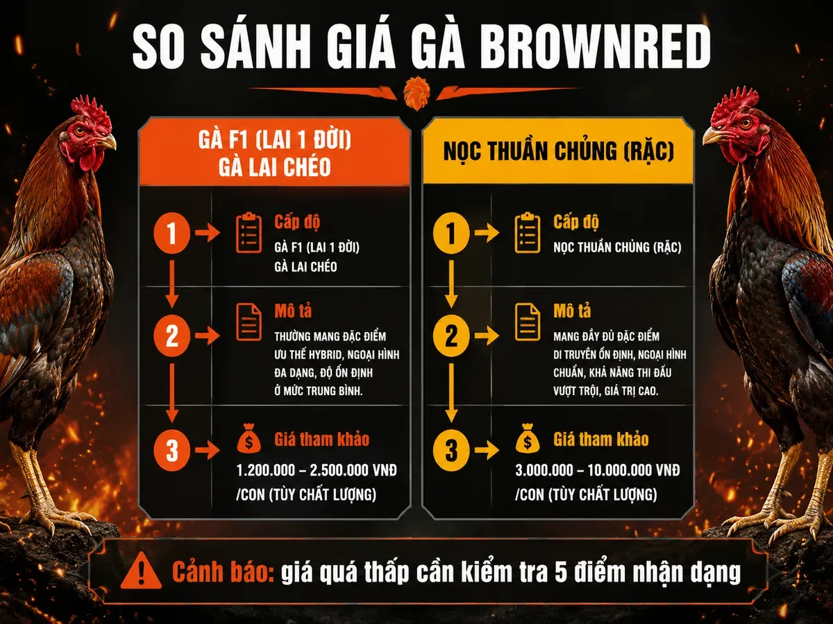 So sánh giá gà Brownred thuần chủng và gà lai tại Việt Nam, thể hiện cấp độ, mô tả và giá tham khảo