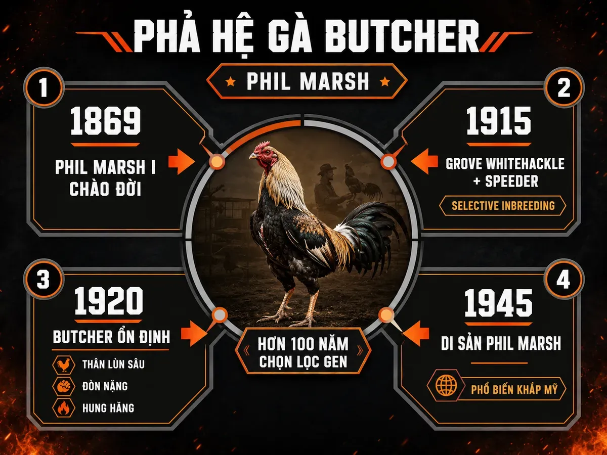 Infographic nguồn gốc gà Butcher và phả hệ Phil Marsh với 4 mốc lịch sử quan trọng