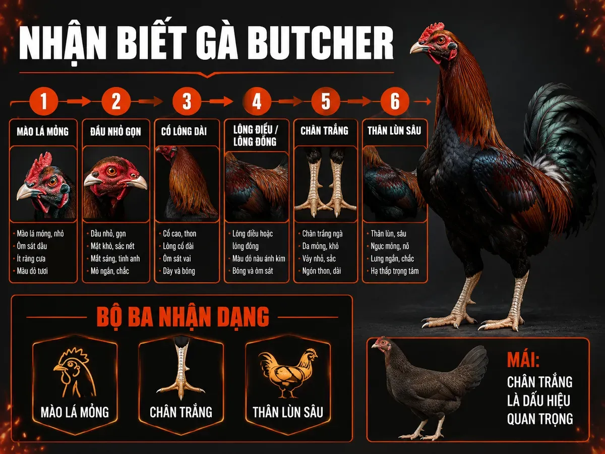 Infographic đặc điểm ngoại hình gà Butcher chuẩn dòng với mào lá mỏng, chân trắng và thân lùn sâu