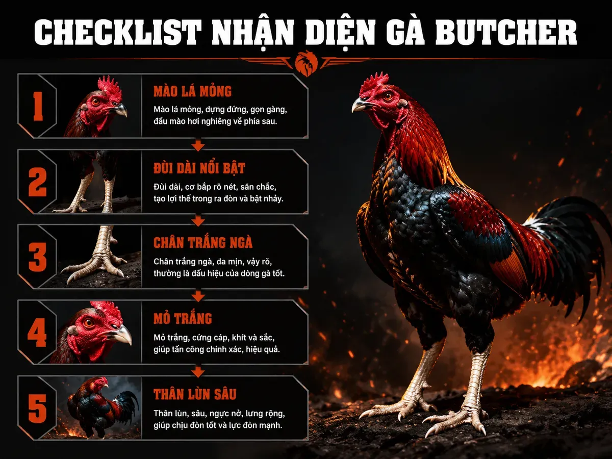 Checklist 5 đặc điểm nhận diện gà Butcher rặc: mào, đùi, chân, mỏ, thân lùn