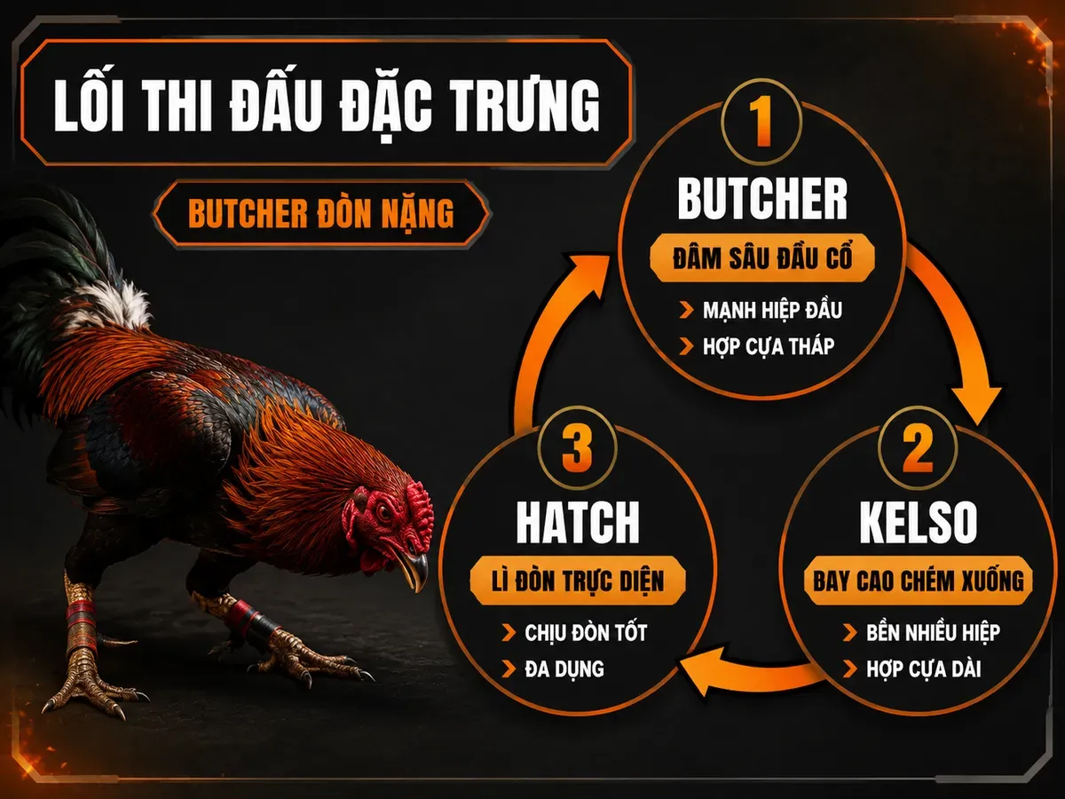 Infographic so sánh lối thi đấu gà Butcher Kelso Hatch và khả năng phù hợp cựa tháp cựa dài