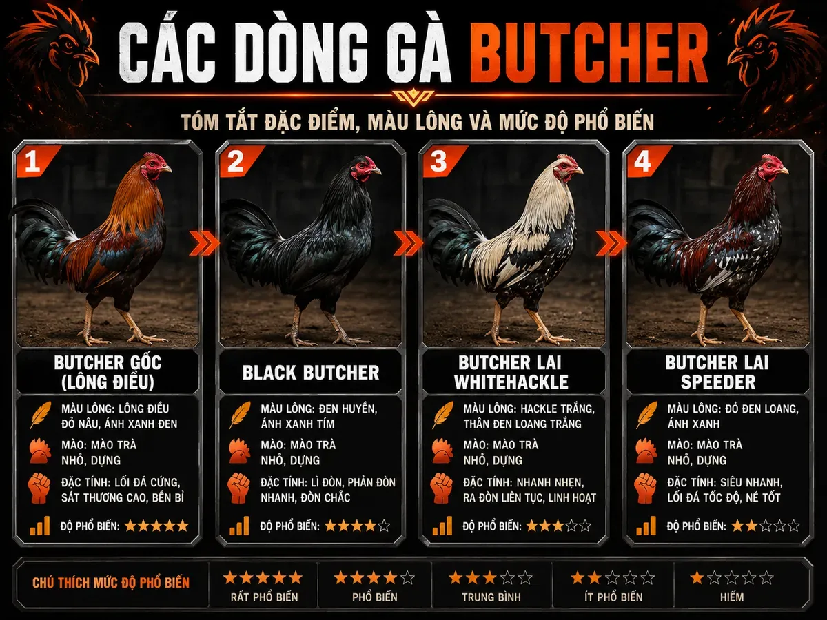 So sánh 4 dòng gà Butcher phổ biến tại Việt Nam, hiển thị màu lông, mào, đặc điểm chiến đấu