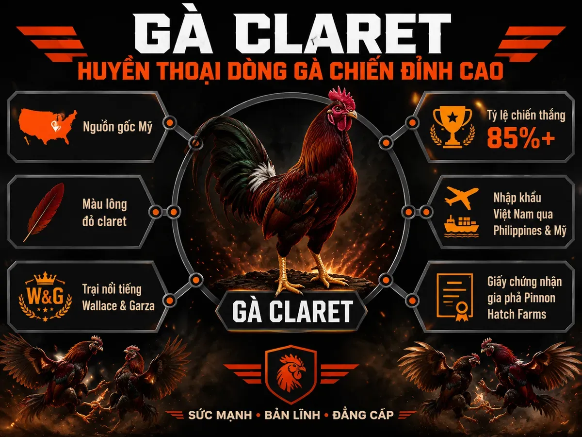 Sơ đồ nguồn gốc và lịch sử dòng gà Claret, hiển thị các trại, màu lông, tỷ lệ thắng, nhập khẩu Việt Nam