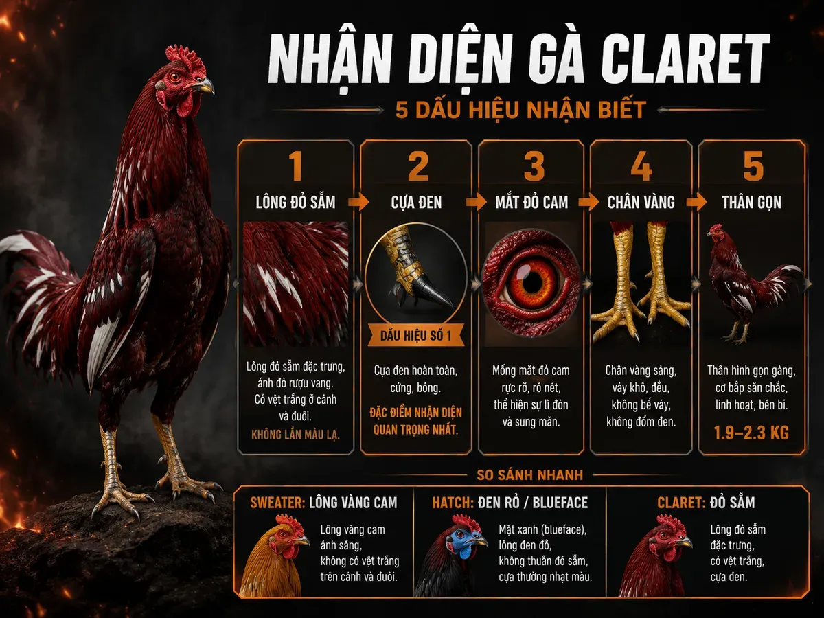 Infographic nhận biết gà Claret thuần chủng qua lông đỏ sẫm, cựa đen, mắt đỏ cam, chân vàng và thân gọn