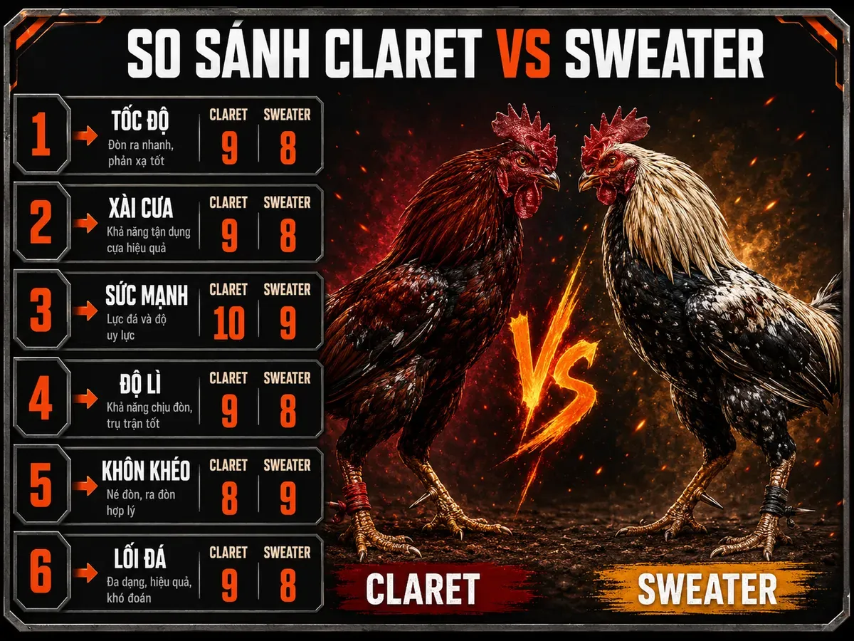 So sánh chi tiết phong cách chiến đấu giữa Gà Claret và Gà Sweater với biểu đồ chỉ số