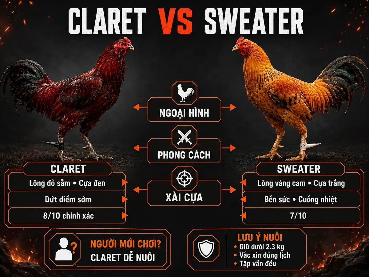 Infographic so sánh gà Claret và Sweater cùng lưu ý nuôi gà Claret cho người mới chơi