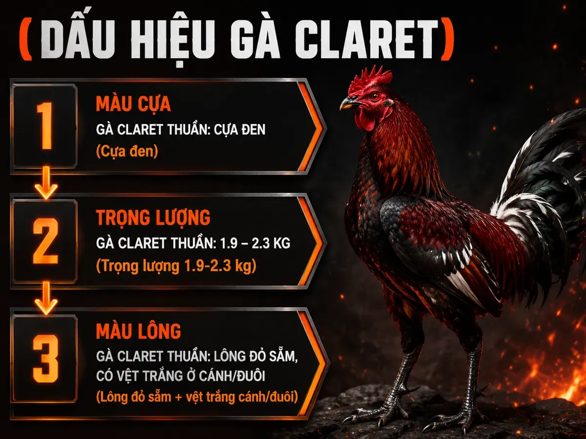 <vi SEO>So sánh Gà Claret thuần với gà lông đỏ lai qua cựa, cân nặng và màu lông, minh họa gà chiến Gò Công