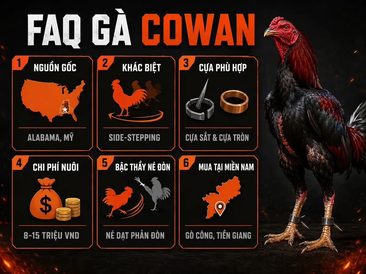 Infographic FAQ gà Cowan Roundhead về nguồn gốc, lối đá side-stepping, chi phí nuôi và đặc điểm nổi bật