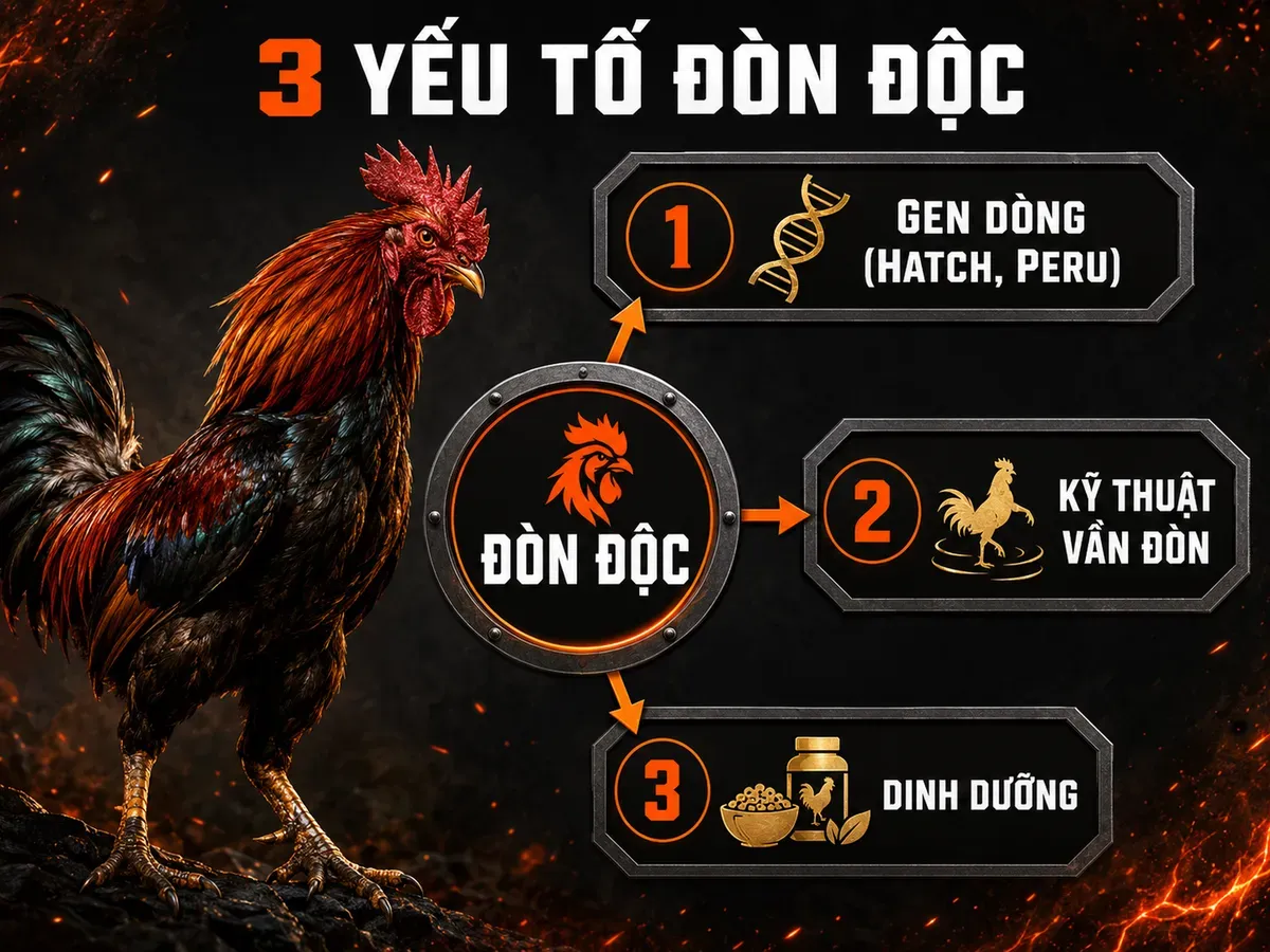 Minh họa 3 yếu tố tạo đòn độc cho gà đá Nghĩa Gò Công, hiển thị gen dòng, kỹ thuật vần đòn, dinh dưỡng