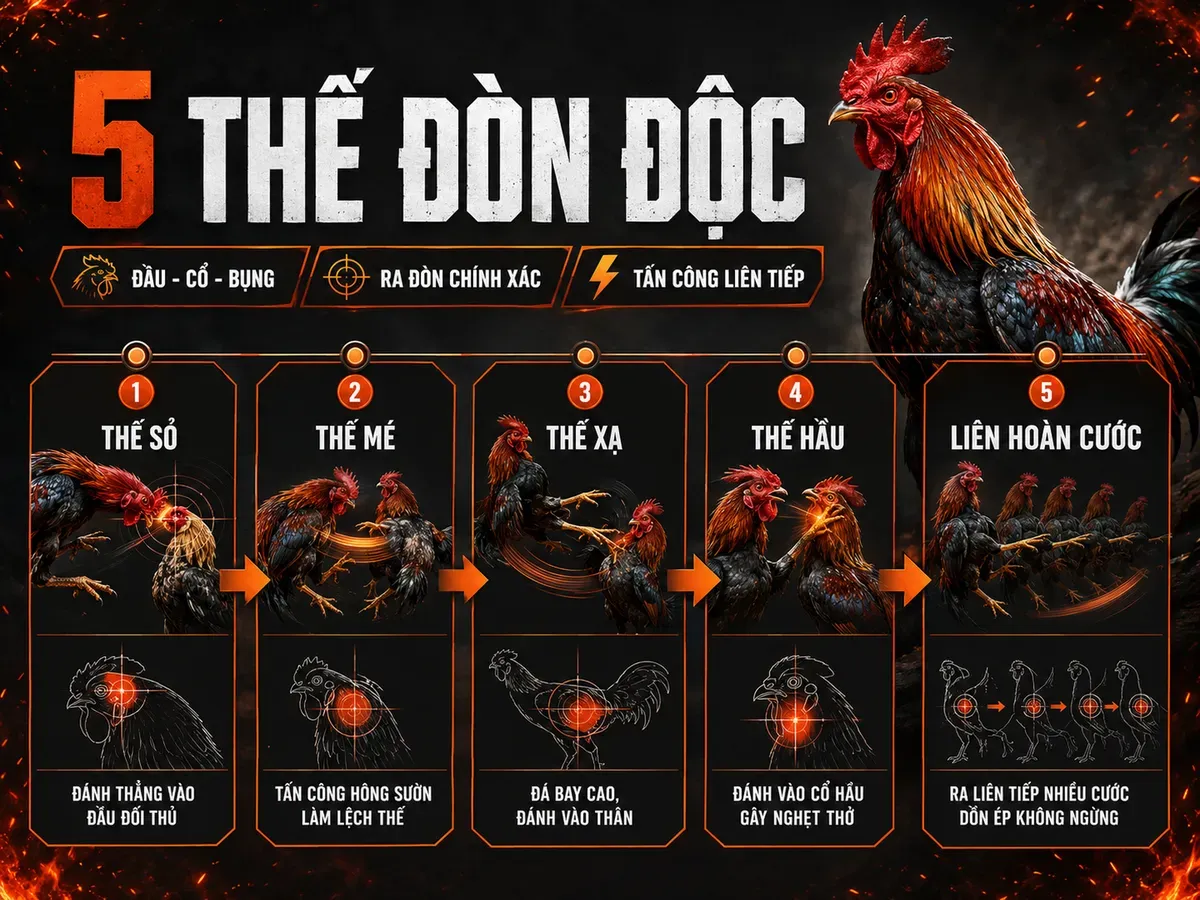 Infographic các thế gà đá đòn độc phổ biến: sỏ, mé, xạ, hầu và liên hoàn cước