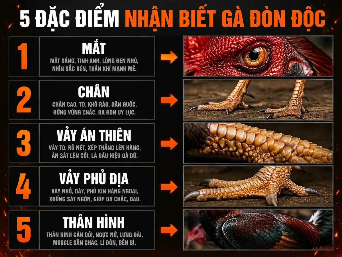 Hình minh hoạ 5 đặc điểm nhận biết gà đòn độc qua ngoại hình, có nhãn và số thứ tự, phong cách mạnh mẽ.