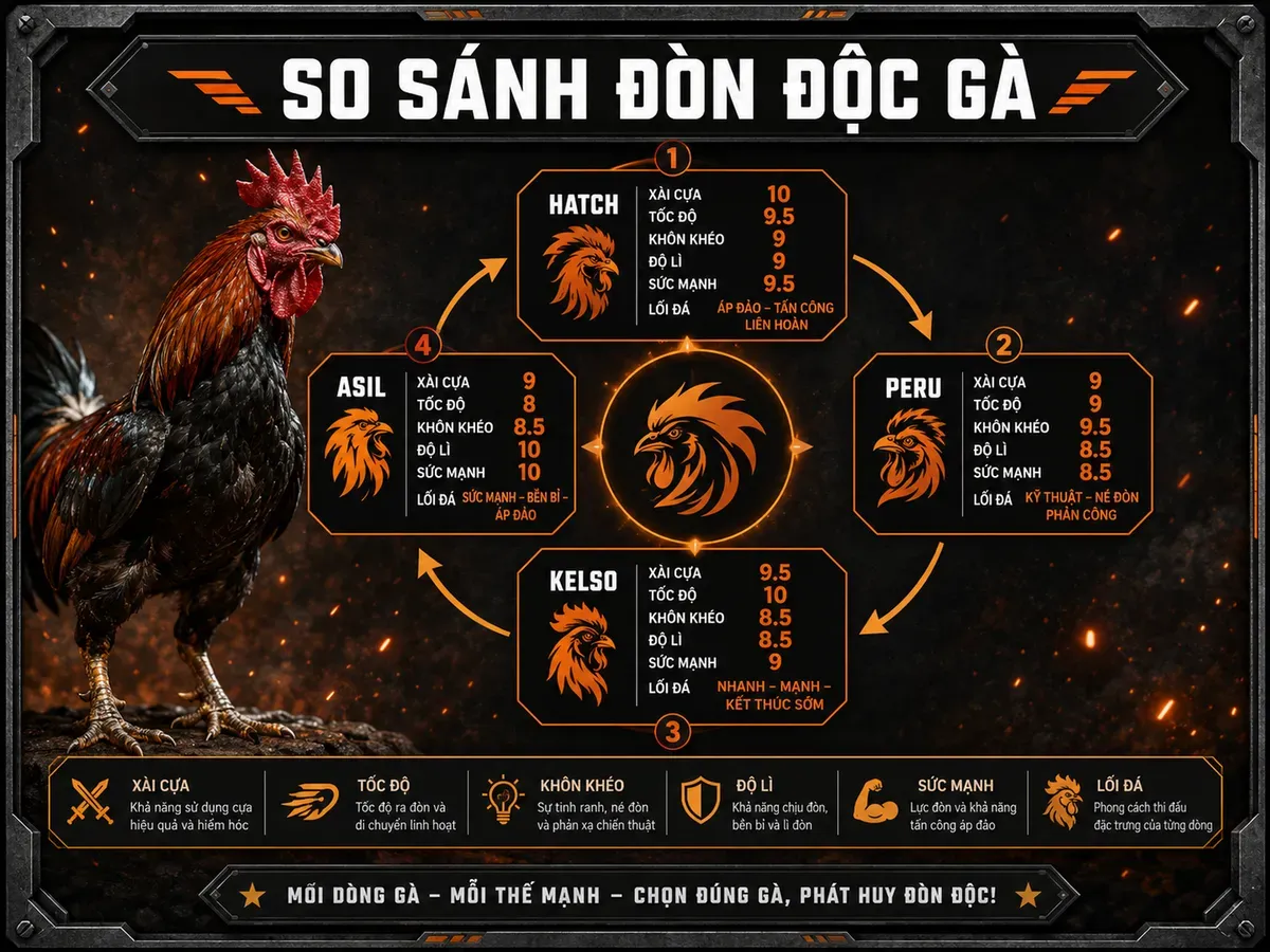 So sánh các dòng gà Nghĩa Gò Công: Hatch, Peru, Kelso, Asil theo lực, tốc độ, khôn khéo, độ lì, sức mạnh, lối đá