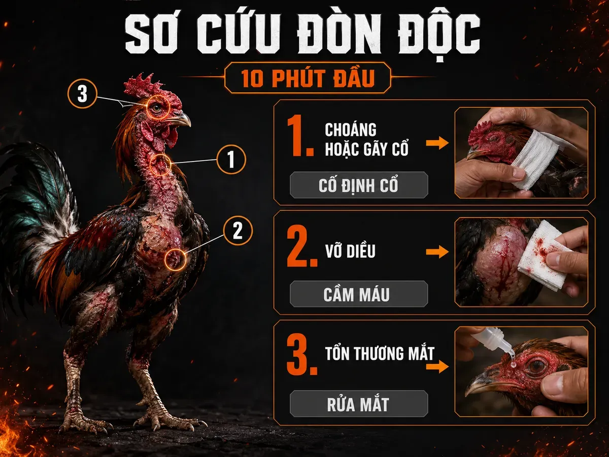 Infographic sơ cứu gà đá trúng đòn độc gồm choáng gãy cổ, vỡ diều và tổn thương mắt cùng cách xử lý 10 phút đầu