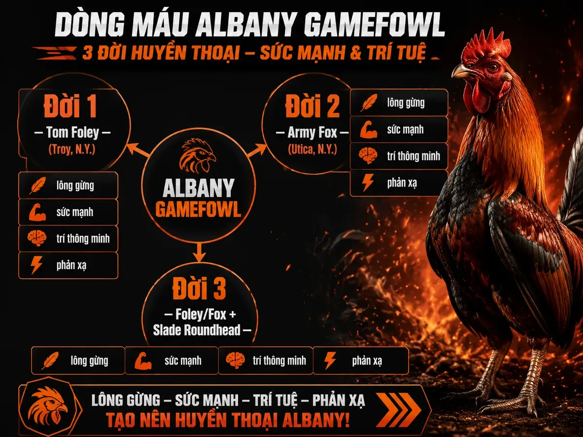 Sơ đồ phả hệ gà Foley đến Albany với nhánh di truyền, nhấn mạnh màu lông gừng, sức mạnh và trí thông minh
