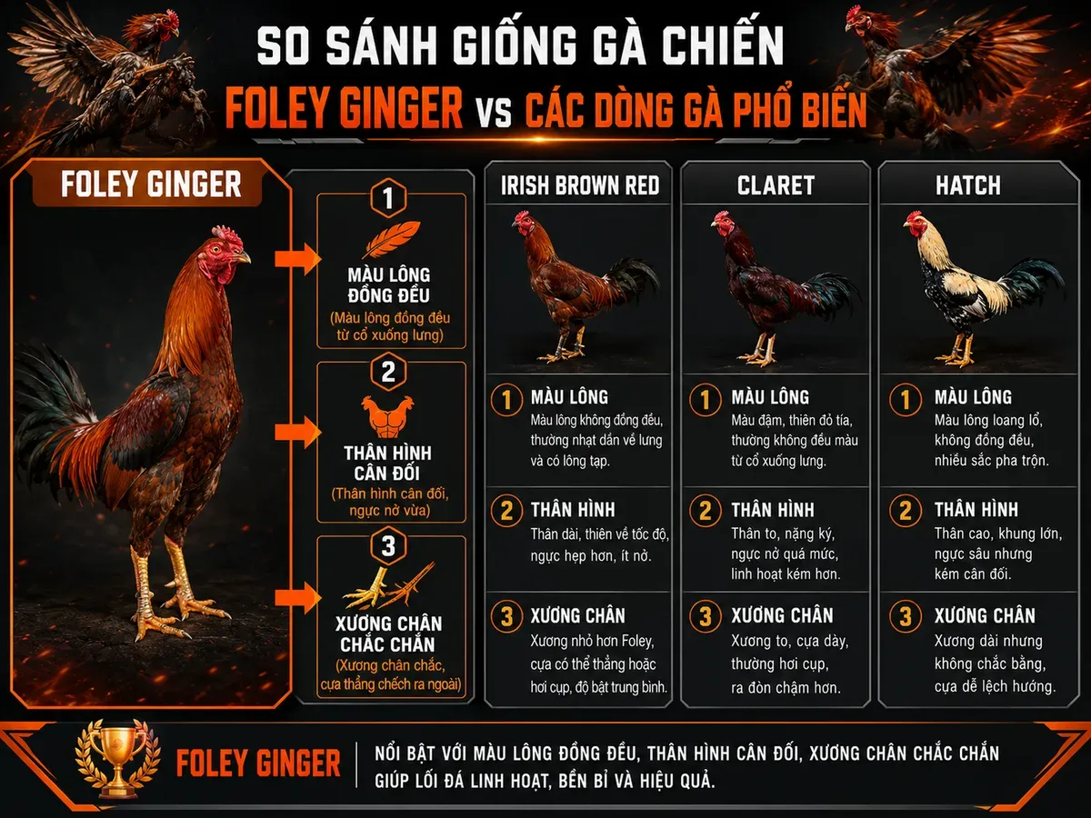So sánh đặc điểm gà Foley Ginger với Irish Brown Red, Claret và Hatch, nhận biết gà thuần chủng