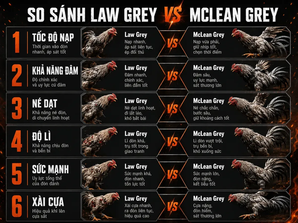 So sánh đặc điểm thi đấu Law Grey và McLean Grey, chỉ số tốc độ, đòn, né, độ lì, sức mạnh, cựa
