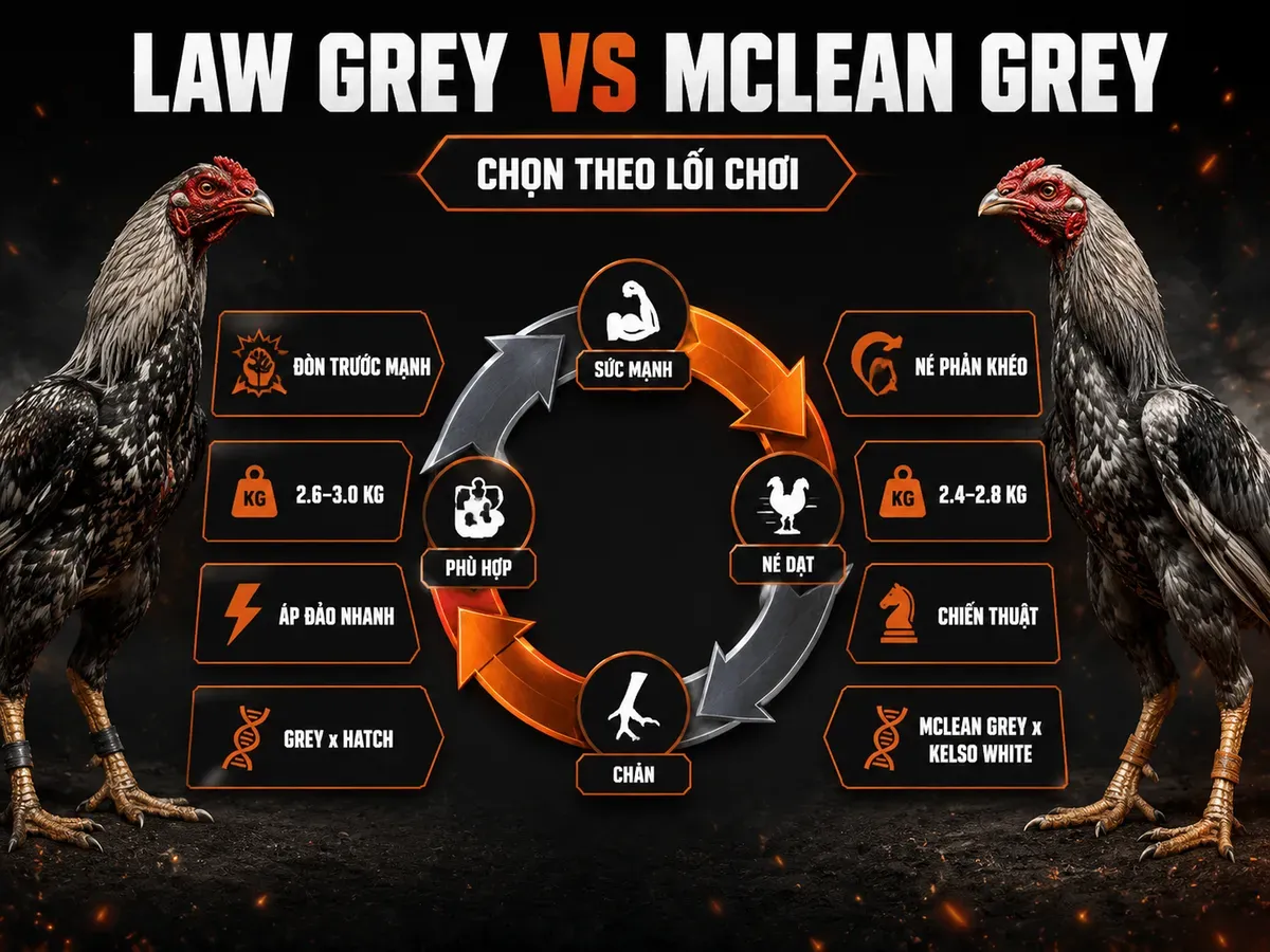 Infographic so sánh Law Grey và McLean Grey về lối đá, sức mạnh, né dạt và lai tạo