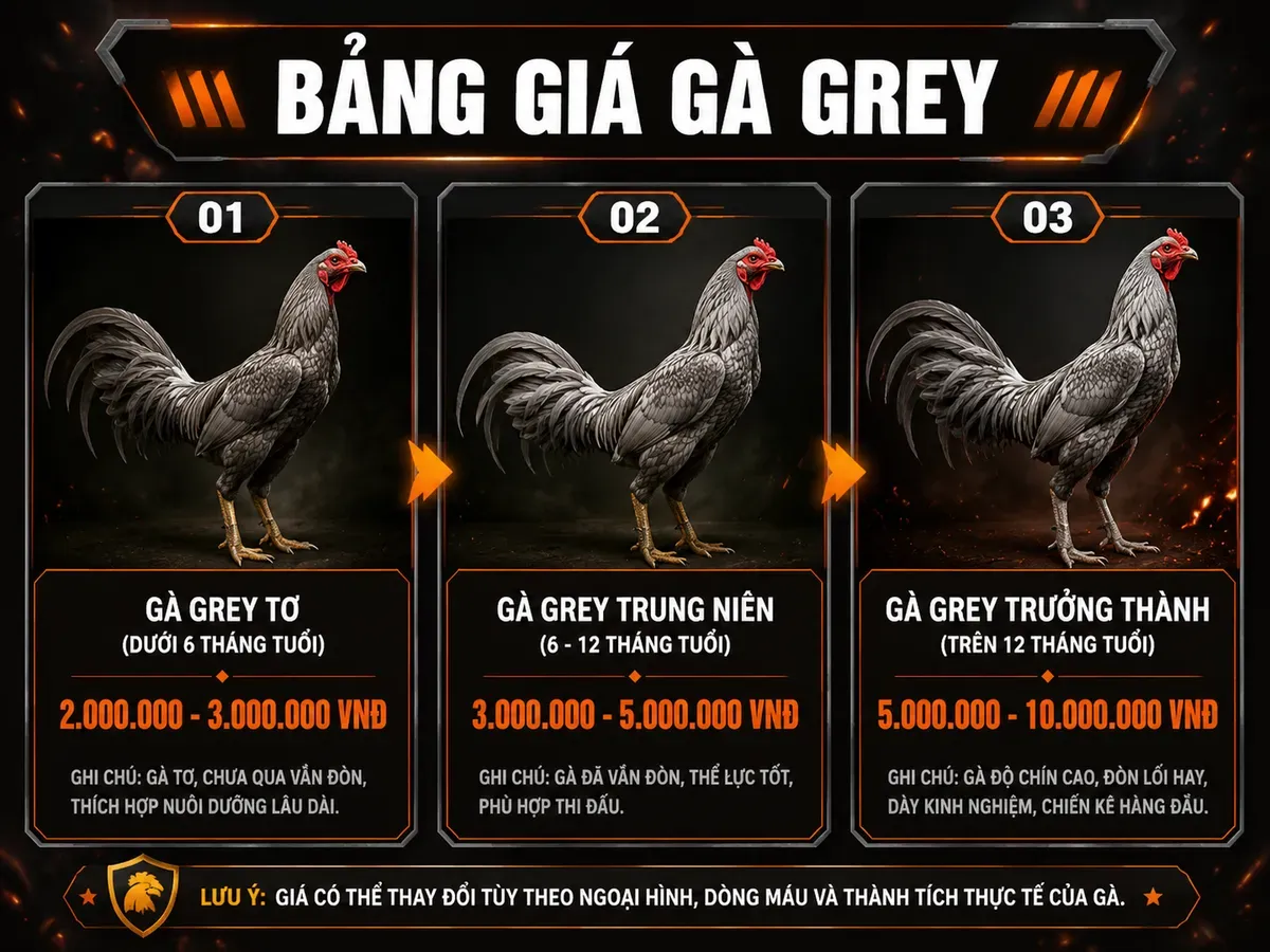 <vi>Bảng so sánh giá gà Grey theo độ tuổi và loại, phân biệt Law Grey và McLean Grey</vi>