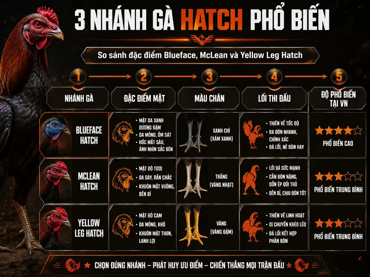 3 Nhánh Gà Hatch Phổ Biến: Blueface, McLean, Yellow Leg